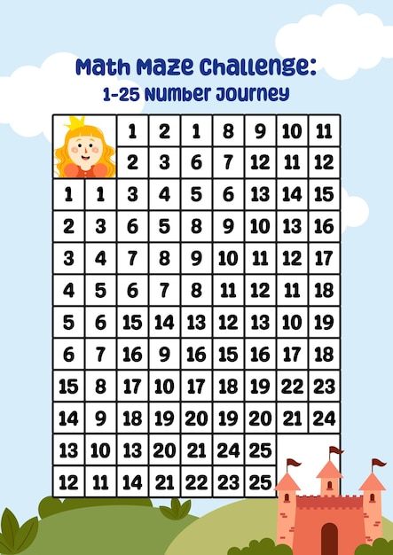 평면 디자인 벡터 수학 미로 퍼즐 숫자 어린이 활동을 위한 인쇄용 포스터 플래시 카드