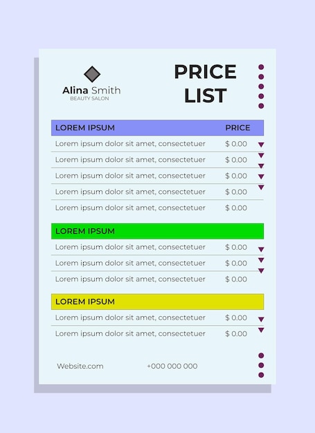 Flat design vector price list template