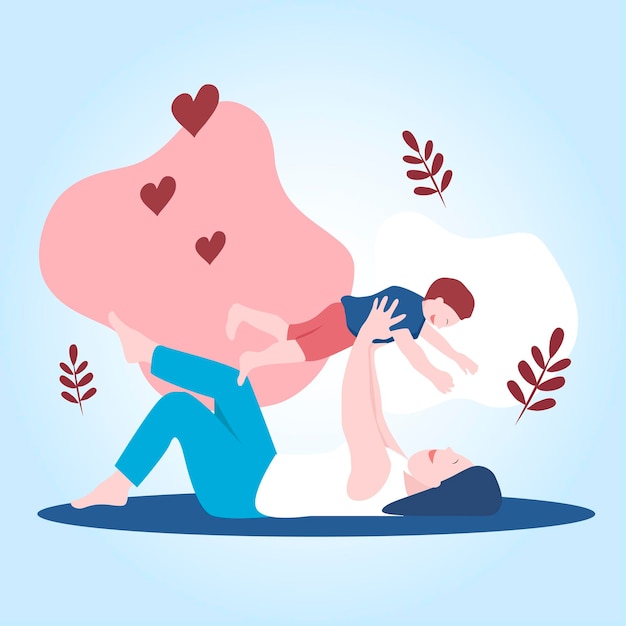 Flat design vector of a woman lying on the ground lifting her child in her arms mother love