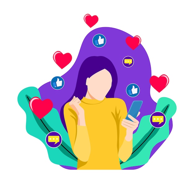 Flat design vector of a woman playing cellphone