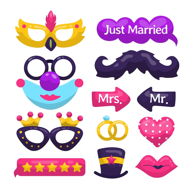 Vector flat design wedding booth props collection