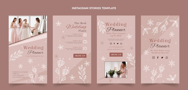 Vettore storie di instagram di wedding planner dal design piatto