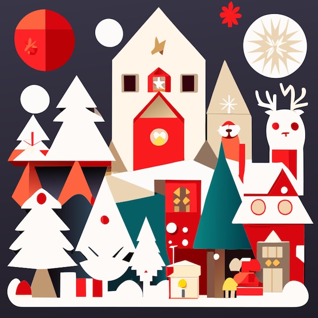 Vector flat design white paper cut christmas tree snowman deer houses santa claus snowingchristmas symbols