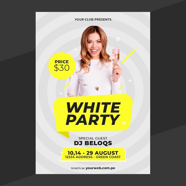 Шаблон плаката белой вечеринки в плоском дизайне