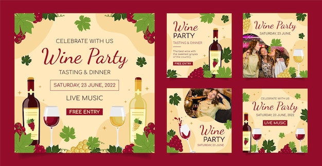 Vector flat design wine party instagram post