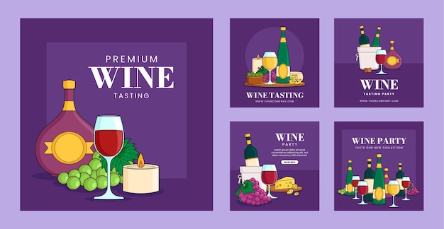 Vector flat design wine party instagram posts