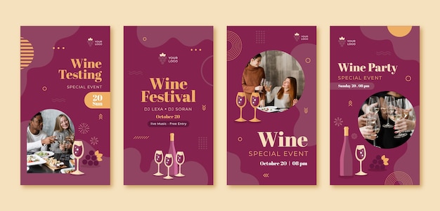 Vector flat design wine party instagram stories