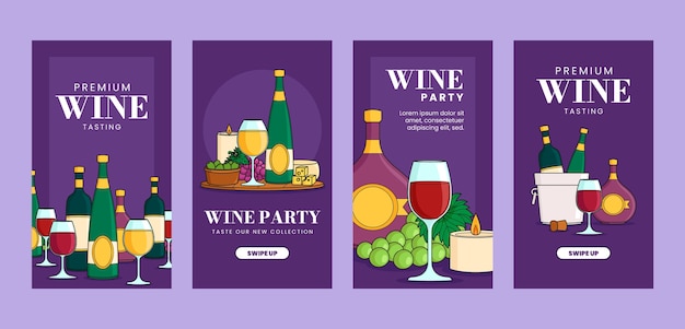 Vector flat design wine party instagram stories