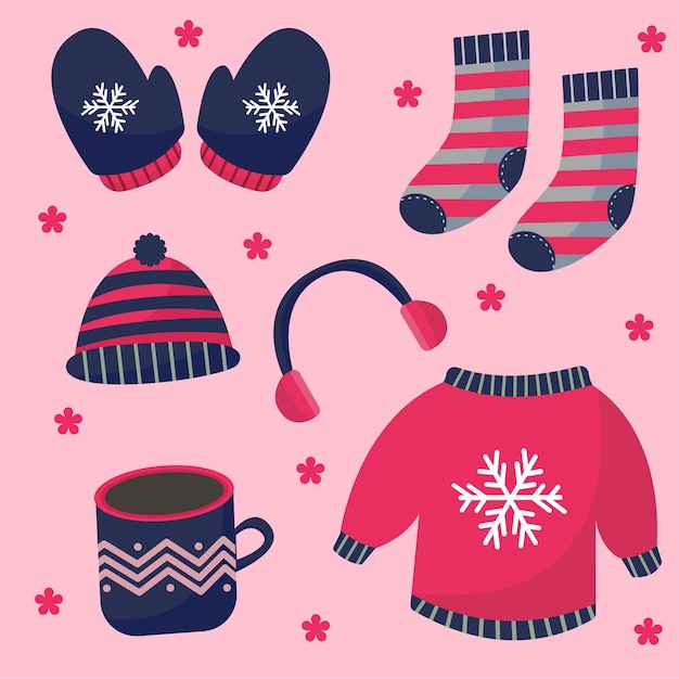 Vector flat design winter clothes and essentials for christmas