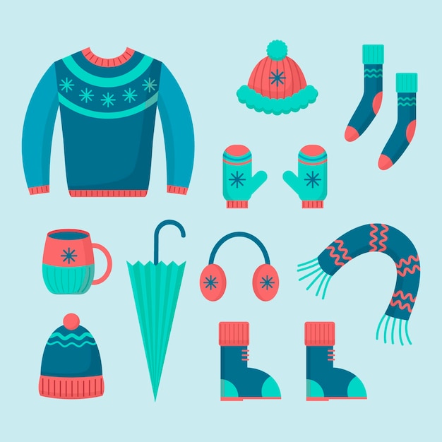 Vector flat design winter clothes and essentials