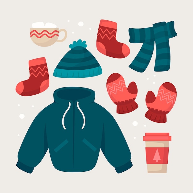 Vector flat design winter clothes and essentials