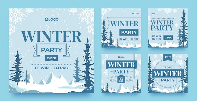 Vector flat design winter party instagram posts set