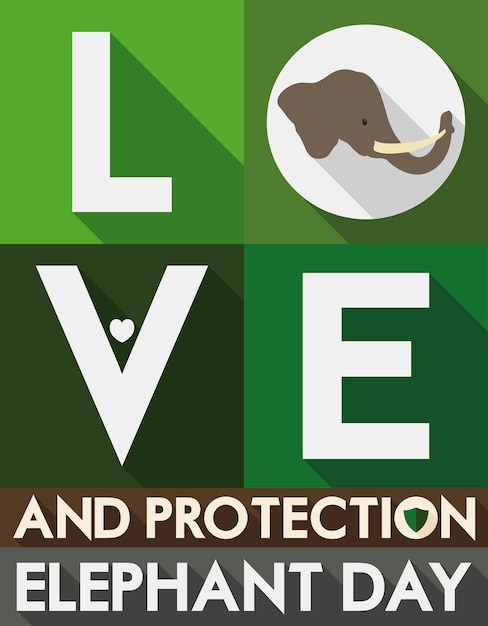 Плоский дизайн с лицом слона в сердце буквы "О" и значки щита, рекламирующие День слона