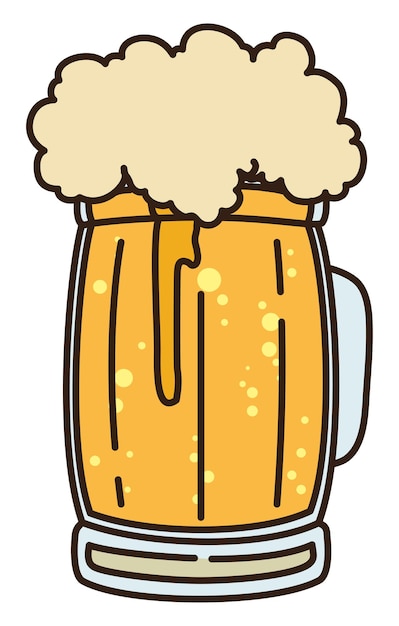 Flat design with glass tankard with bubbly and frothy beer isolated over white background