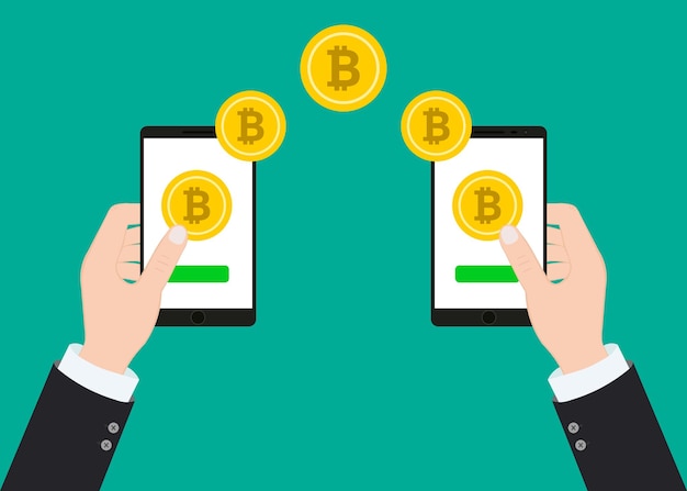 Flat design with human hands smartphones and golden bitcoins Eps 10 vector file