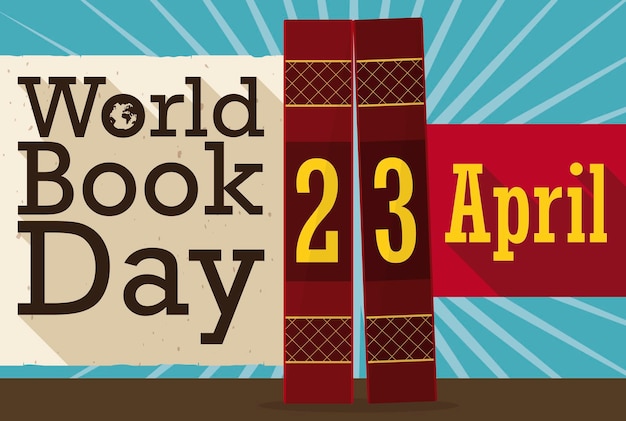 Flat design with scroll and greeting piled up books forming the date for World Book Day 23rd April