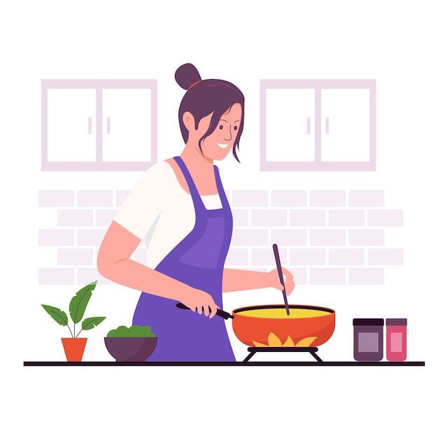 Vector flat design of woman cooking in kitchen