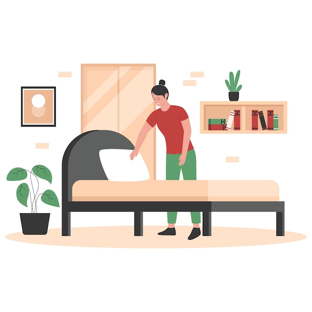 Flat design of woman is cleaning the bed