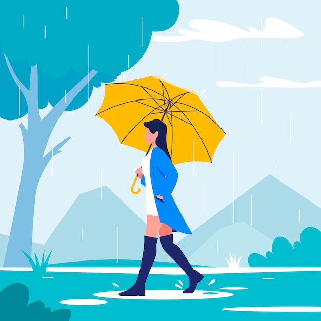 Vector flat design woman with umbrella monsoon season