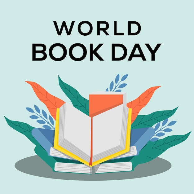 Иллюстрация дизайна всемирного дня книги плоского дизайна с открытой книгой и стопкой книг