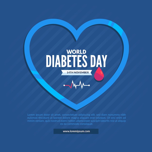 Illustrazione di giornata mondiale del diabete di design piatto con cuore blu