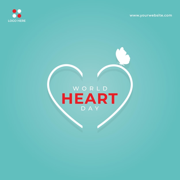 Flat design world heart day social media banner background concept with white heart and butterfly