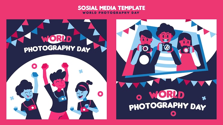 Vector flat design world photography day instagram posts collection
