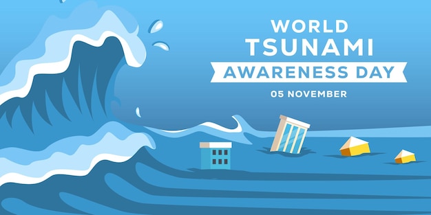 Vettore banner orizzontale del 5 novembre della giornata mondiale di sensibilizzazione sullo tsunami di design piatto