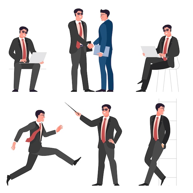 Flat design young businessman pose set