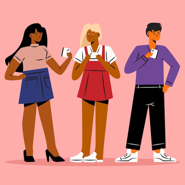 Vector flat design young people using smartphones