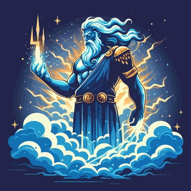 Vector a flat design of zeus with thunder and clouds