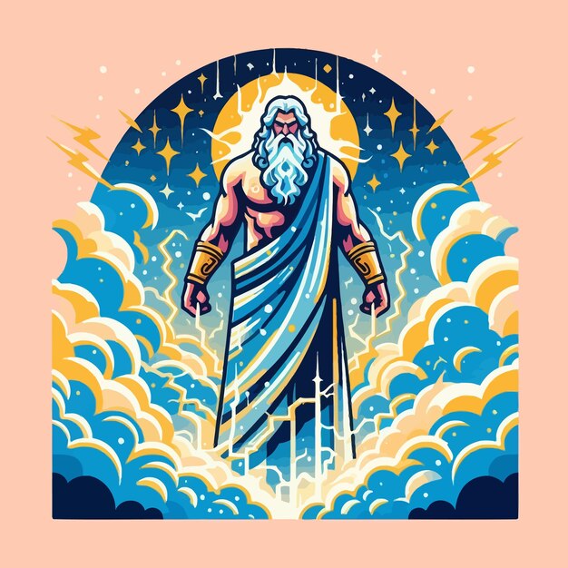 Vector a flat design of zeus with thunder and clouds