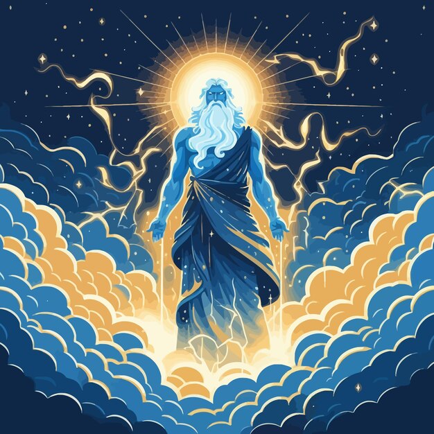 Vector a flat design of zeus with thunder and clouds