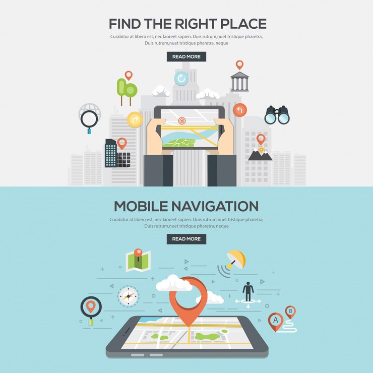 Vector flat designed banner, find the right place and mobile navigation