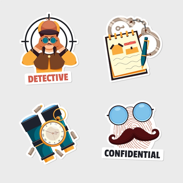 Flat detective logo sticker set collection with avatar and binoculars