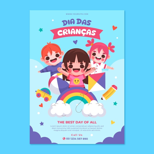 Flat dia das criancas vertical poster template