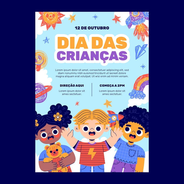 ベクトル フラット dia das criancas 垂直ポスター テンプレート