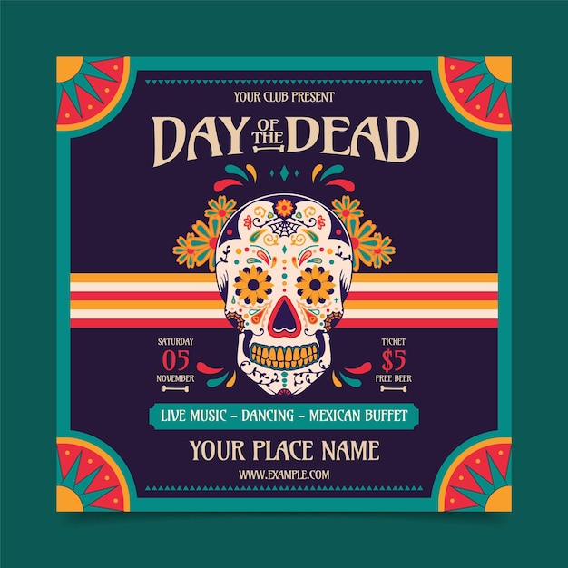 Flat dia de los muertosソーシャルメディア投稿テンプレート