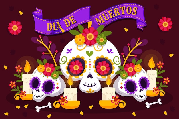 Vettore sfondo piatto dia de muertos