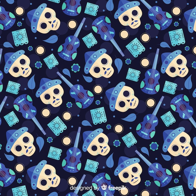 Flat día de muertos blue seamless pattern