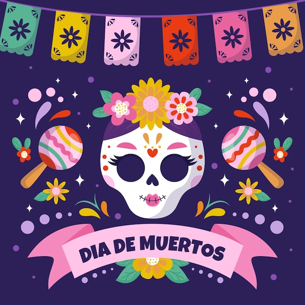 Vettore illustrazione di celebrazione del dia de muertos piatto