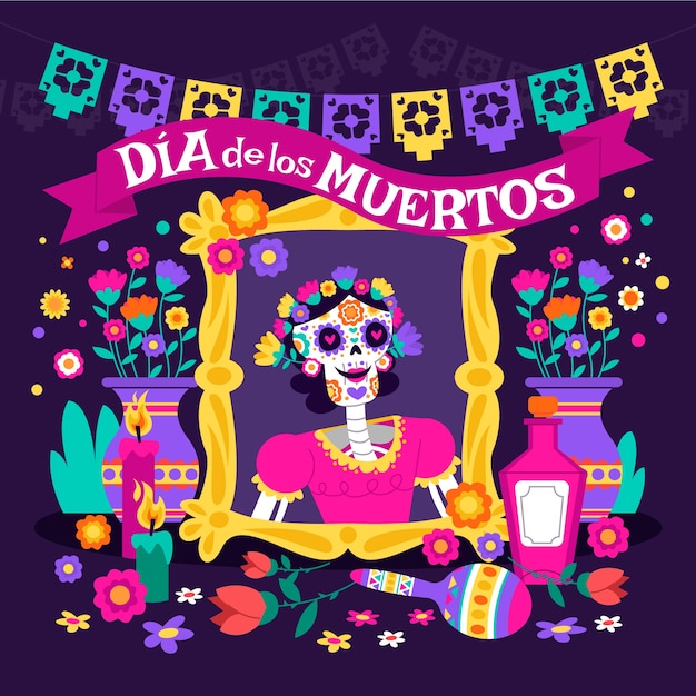 Вектор Плоская иллюстрация празднования dia de muertos