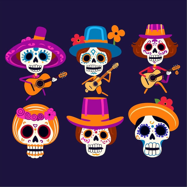 Flat dia de muertos day of dead character elements