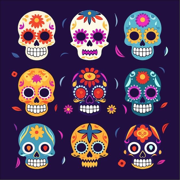 Flat dia de muertos day of dead skulls collection illustration