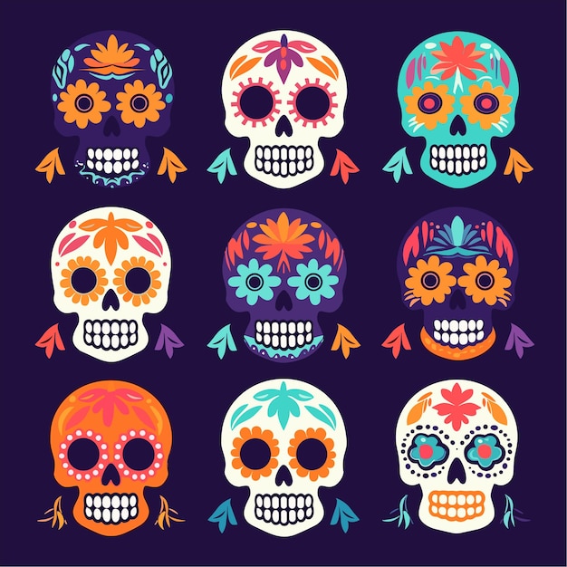 Flat dia de muertos day of dead skulls collection