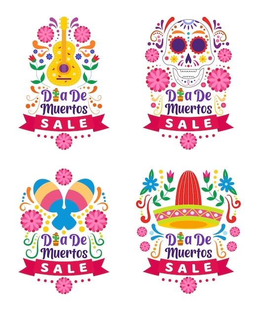 Шаблон дизайна коллекции праздничных распродаж Flat Dia De Muertos