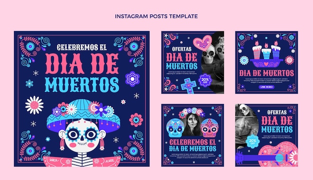 Collezione di post di instagram dia de muertos piatta