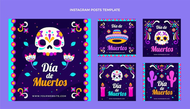 Вектор Коллекция сообщений instagram плоская dia de muertos