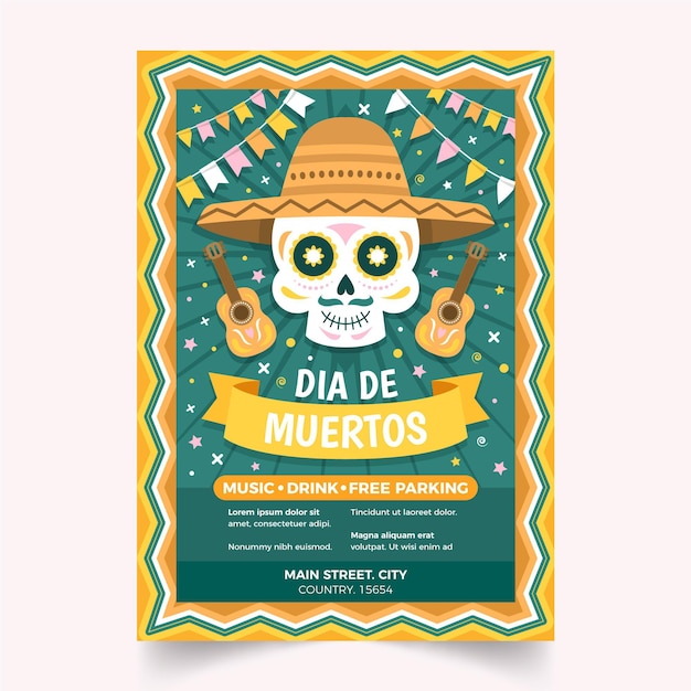 평면 Dia De Muertos 수직 포스터 템플릿