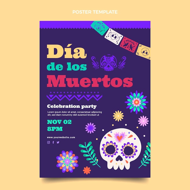 Vettore modello di poster verticale piatto dia de muertos